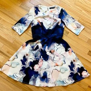 Stunning watercolour/multicolour skater-cut special occasion dress